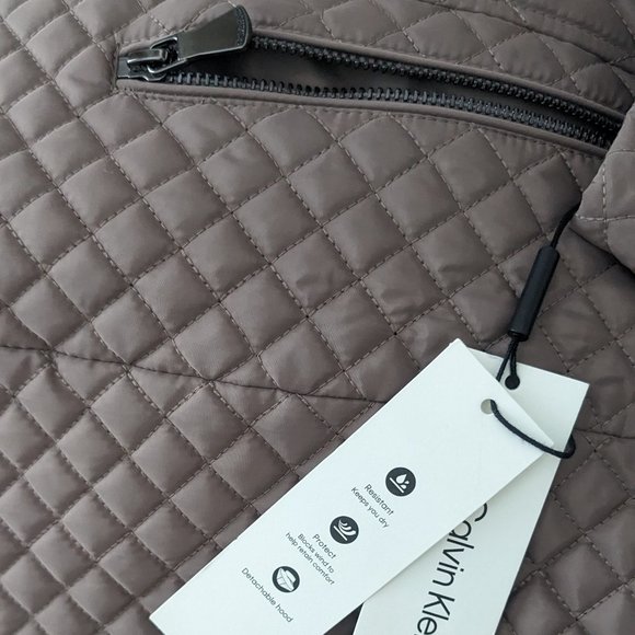 CALVIN KLEIN Performance Quilted Jacket WOMEN XS Zip Hood Lined Slim Taupe Brown - Picture 12 of 13